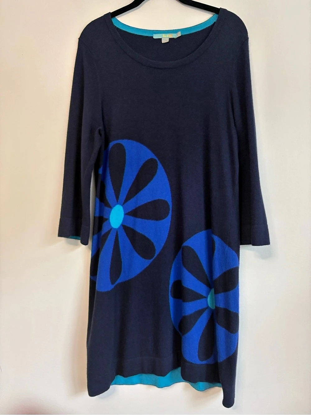 Boden Women's Long Sleeve Geometric Dress in Navy Blue & Black Sz 12